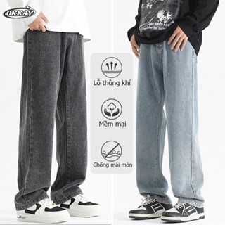 OKKAY quần jean nam quần dài quần ống rộng nam High Street Xanh lam Xám đen Rộng rãi Thoải mái Thời trang cổ điển