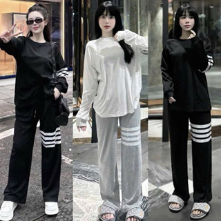 Set hot áo tay dài phối sọc trắng kèm quần dài phối sọc cá tính dành cho nữ hot top thu đông