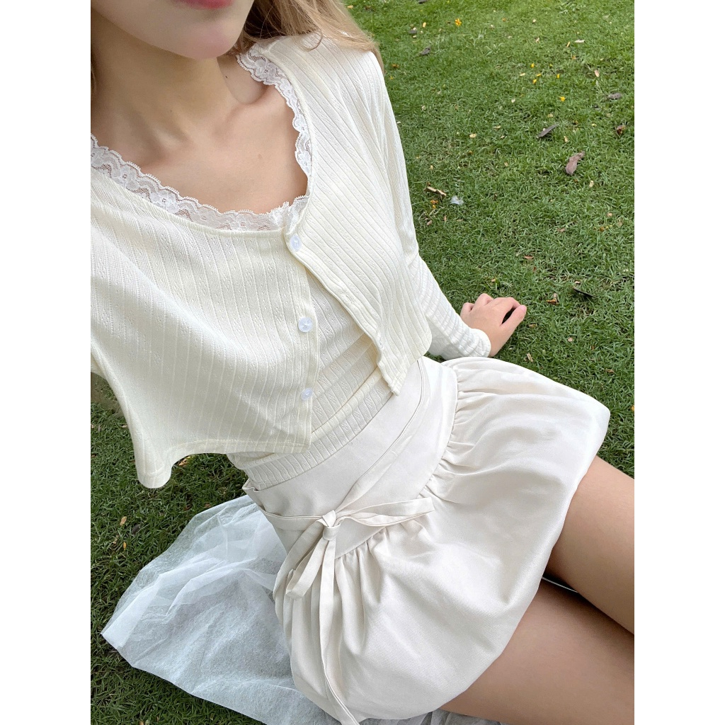 AREUM ÁO Tay Dài BUDDIES Cổ Viền Ren (Áo hai dây + Áo khoác ngoài) | BigBuy360 - bigbuy360.vn