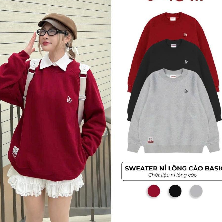 Áo Sweater 𝑩𝒚,𝒄𝒂𝒎,𝒄𝒂𝒎 Nỉ Lông Cáo Mềm Mịn Dày Dặn Logo Mini Basic Nam Nữ