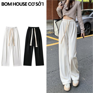 Quần Ống Rộng Suông Nữ Cạp Cao Lưng Chun Phối Dây Trendy