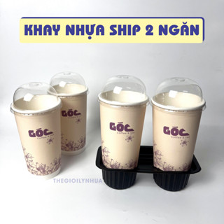 SỈ 100 Khay nhựa đựng ly 2 ngăn, khay ship đồ uống chống nghiêng đổ, khay nhựa đen take away 2 ô tiện lợi.