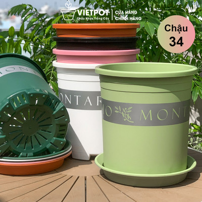 Chậu nhựa trồng cây VIETPOT, size lớn 34x36cm, 6.6gal, Montario, chuyên trồng hoa hồng, để sân vườn