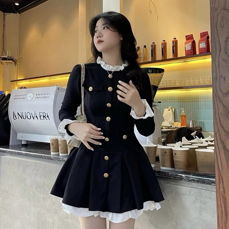 [V1.611] Váy Đen Pha Bèo Trắng Tiểu Thư Dáng Xoè Siêu Xinh Có Ảnh Thật | BigBuy360 - bigbuy360.vn