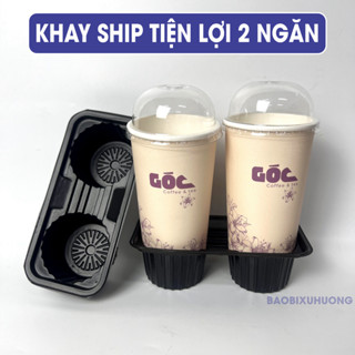 100 Cái khay nhựa PP đen 2 ngăn, khay nhựa đen 2 ô, khay nhựa take away, khay ship đồ uống hạn chế nghiêng đổ.