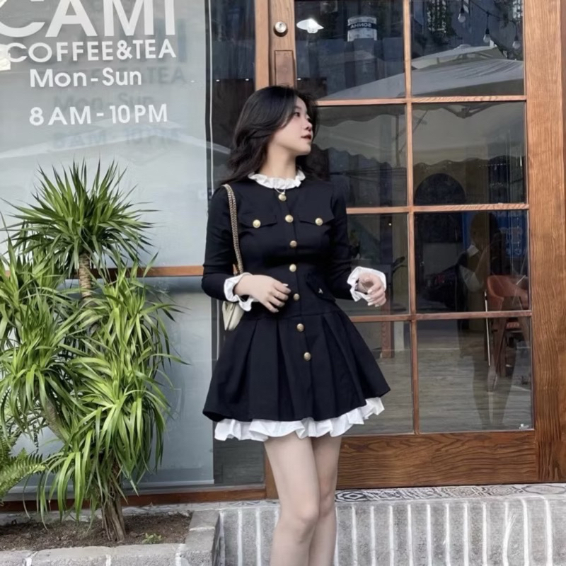 [V1.611] Váy Đen Pha Bèo Trắng Tiểu Thư Dáng Xoè Siêu Xinh Có Ảnh Thật | BigBuy360 - bigbuy360.vn
