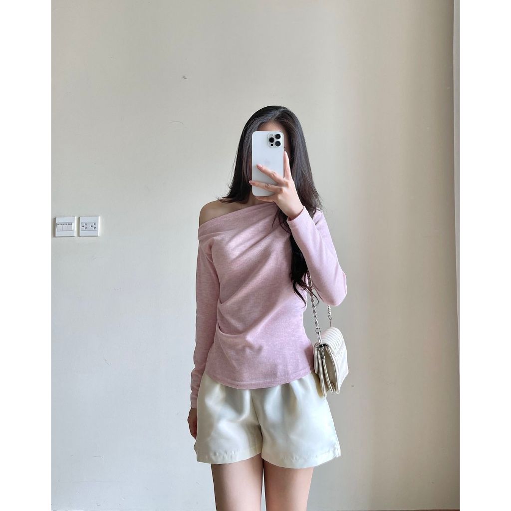 Áo thun tăm trễ vai dài tay cách điệu nhún eo nữ tính, Áo thun nữ lệch vai chất tăm lông thỏ HA345 | BigBuy360 - bigbuy360.vn