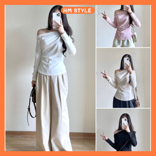 Áo thun tăm trễ vai dài tay cách điệu nhún eo nữ tính, Áo thun nữ lệch vai chất tăm lông thỏ HA345