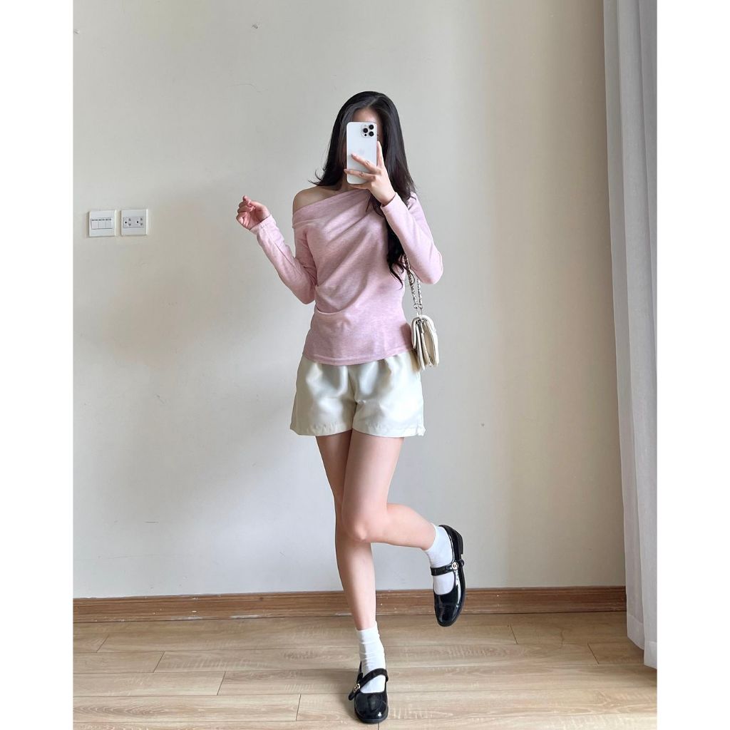 Áo thun tăm trễ vai dài tay cách điệu nhún eo nữ tính, Áo thun nữ lệch vai chất tăm lông thỏ HA345 | BigBuy360 - bigbuy360.vn