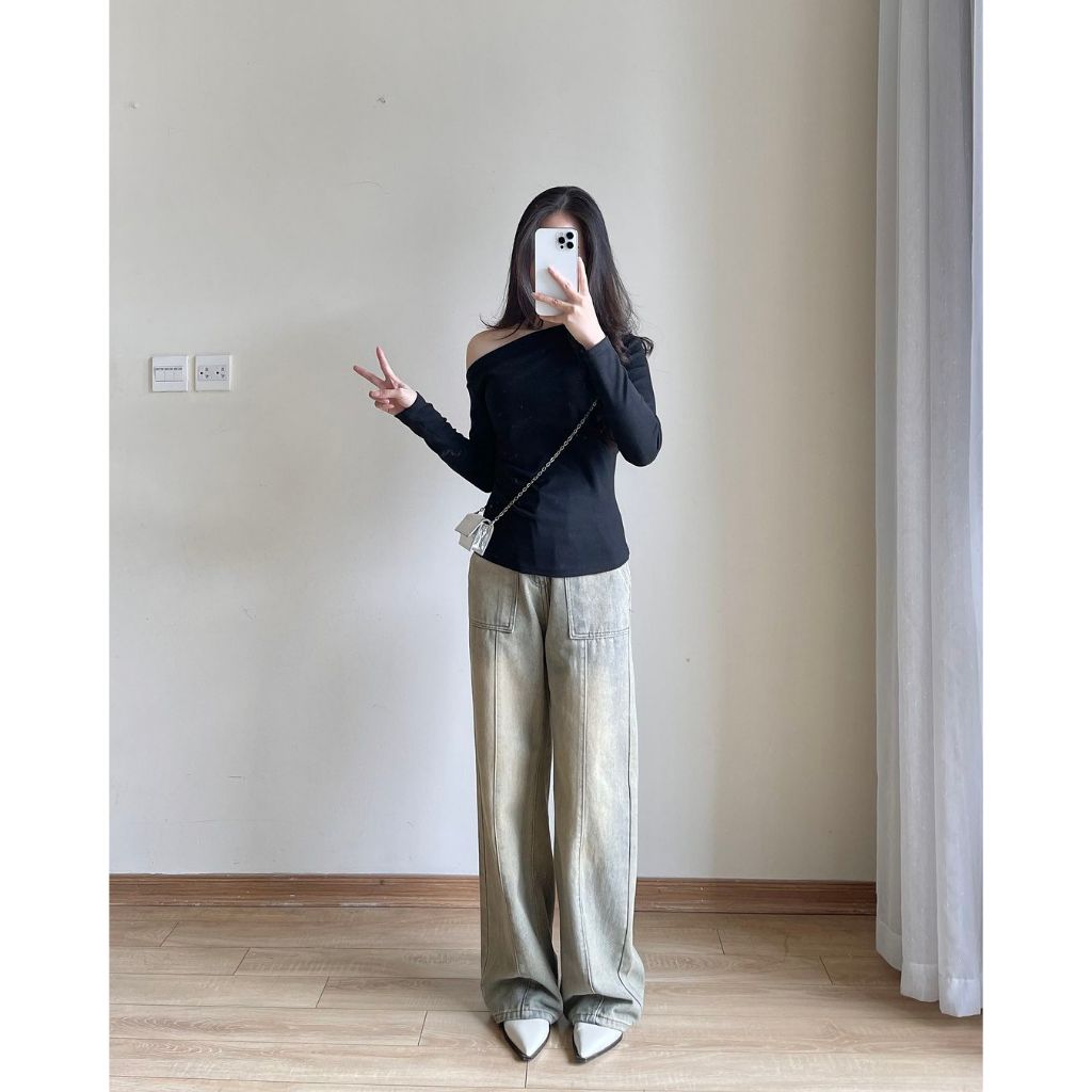 Áo thun tăm trễ vai dài tay cách điệu nhún eo nữ tính, Áo thun nữ lệch vai chất tăm lông thỏ HA345 | BigBuy360 - bigbuy360.vn