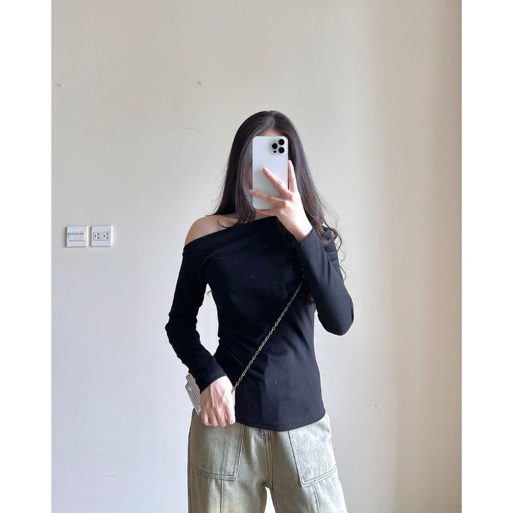 Áo thun tăm trễ vai dài tay cách điệu nhún eo nữ tính, Áo thun nữ lệch vai chất tăm lông thỏ HA345 | BigBuy360 - bigbuy360.vn