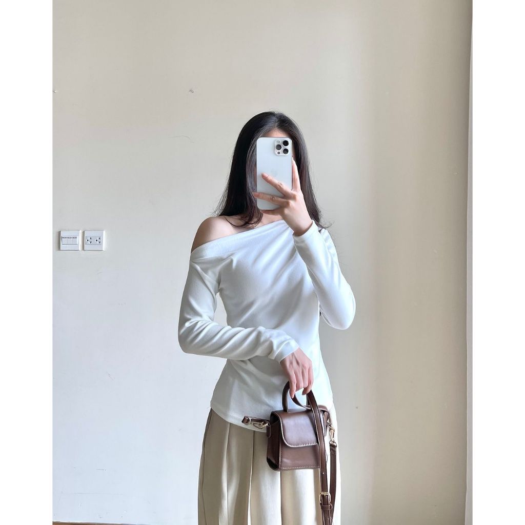 Áo thun tăm trễ vai dài tay cách điệu nhún eo nữ tính, Áo thun nữ lệch vai chất tăm lông thỏ HA345 | BigBuy360 - bigbuy360.vn
