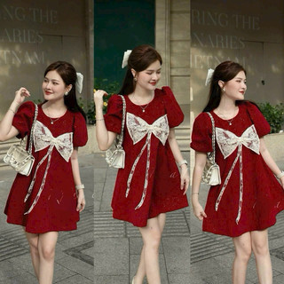 Đầm babydoll chất Nhung cứng phối ren nơ tay ngắn thời trang nữ mặc đi chơi xinh.,