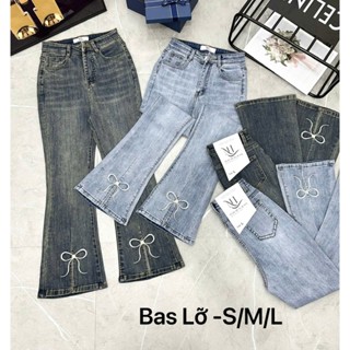    9 TẤC   Quần Jean Ống Loe Lở 90cm Dáng 9 Tấc Xẻ Lai Giữa Nơ Thêu Lai Cạp Cao KiHa Jean 