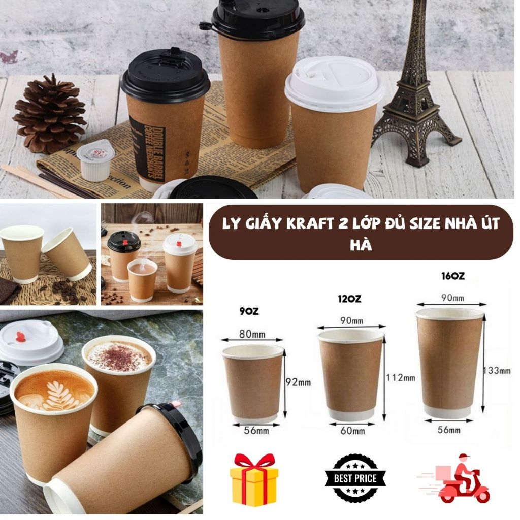 Lốc 50 ly/cốc giấy kraft 2 lớp đựng cafe nóng, cafe sữa, thức uống nóng/lạnh siêu sang - 9 oz kraft