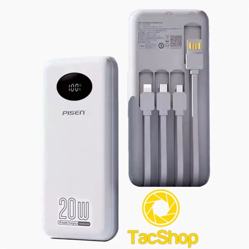 Pin dự phòng Pisen TS-D342 dung lượng 10000mAh hỗ trợ sạc nhanh QC 3.0 và PD 20W kèm 4 cáp sạc - tích hợp màn hình LCD