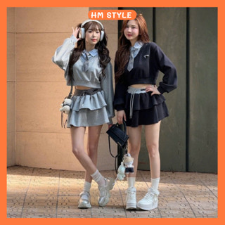[TẶNG CÀ VẠT] Set áo croptop dài tay MIU phối cổ sơ mi kẻ xanh + chân váy xoè 2 tầng có quần trong chất nỉ dày dặn HB198