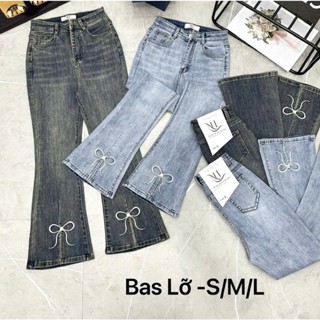( 9 TẤC ) QUẦN JEAN ỐNG LOE LỞ 90CM DÁNG 9 TẤC, XẺ LAI GIỮA, NƠ THÊU LAI, CẠP CAO KIM HAU BOUTIQUE