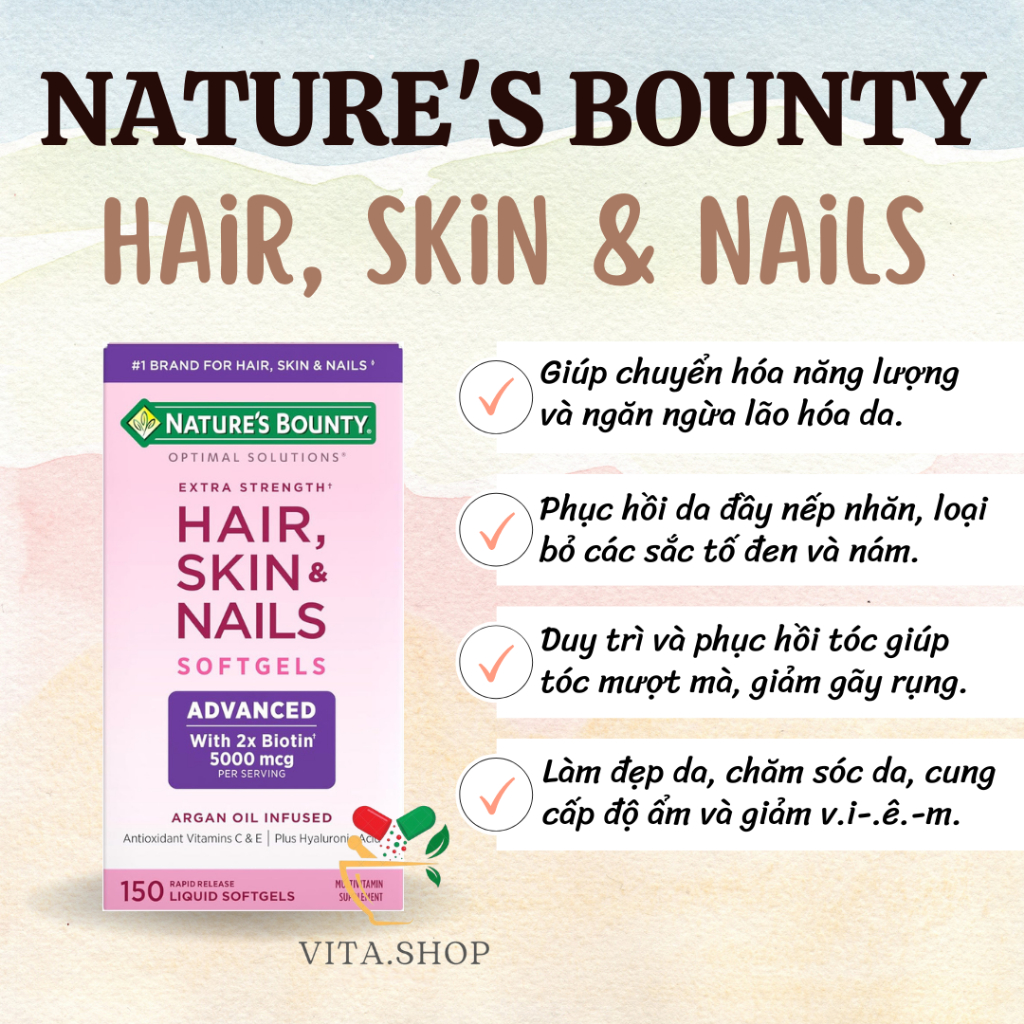 Viên Uống Hỗ Trợ Đẹp Da, Móng & Tóc Nature's Bounty Hair, Skin & Nails 150 Viên