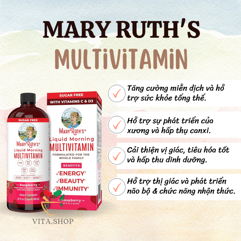 Vitamin Tổng Hợp Hữu Cơ Dạng Lỏng Cho Ba, Mẹ Và Bé Hỗ Trợ Sức Khỏe Mary Ruth's Multivitamin 946ml
