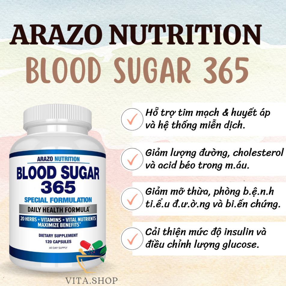Viên uống hỗ trợ và cân bằng đường huyết Arazo Nutrition Blood Sugar 365 120 viên