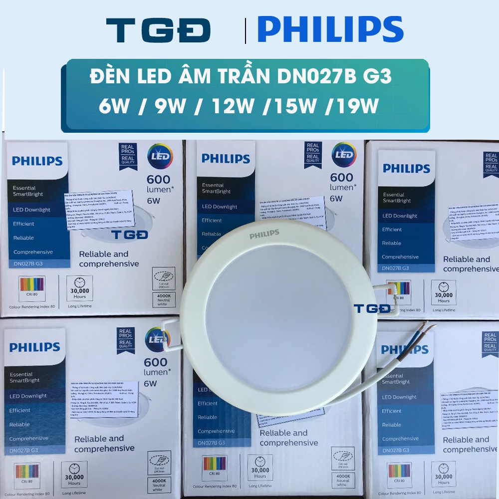 Đèn LED âm trần Philips DN027B G3 6W, 9W, 12W, 15W, 19W - Tiết kiệm điện, tuổi thọ đèn cao