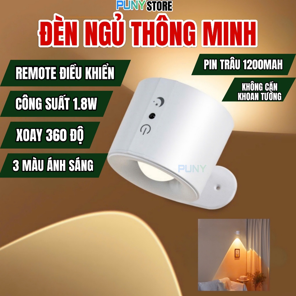 Đèn ngủ không dây gắn nam châm, không cần kết nối dây điện, trang bị pin sạc, đèn đọc sách đầu giường trang trí PUNY