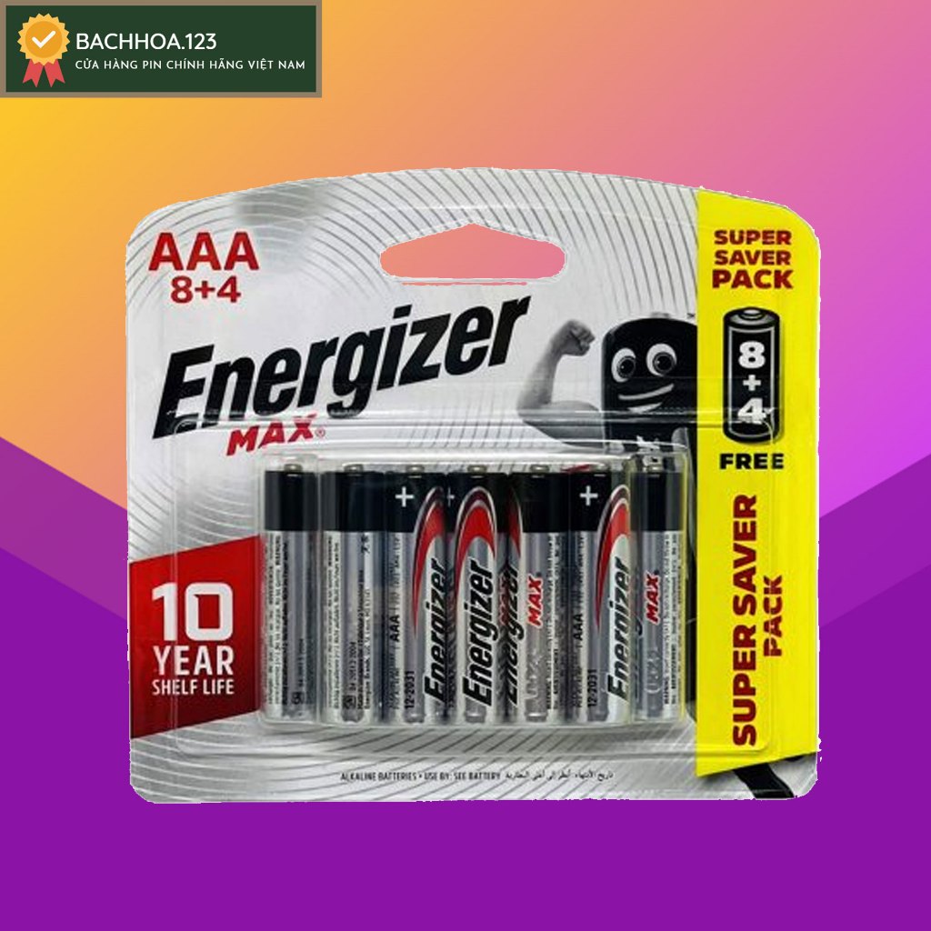 Pin AAA Energizer Alkaline Max chống chảy BP8+4 Pin Tiểu LR03 (vỉ 12 viên)