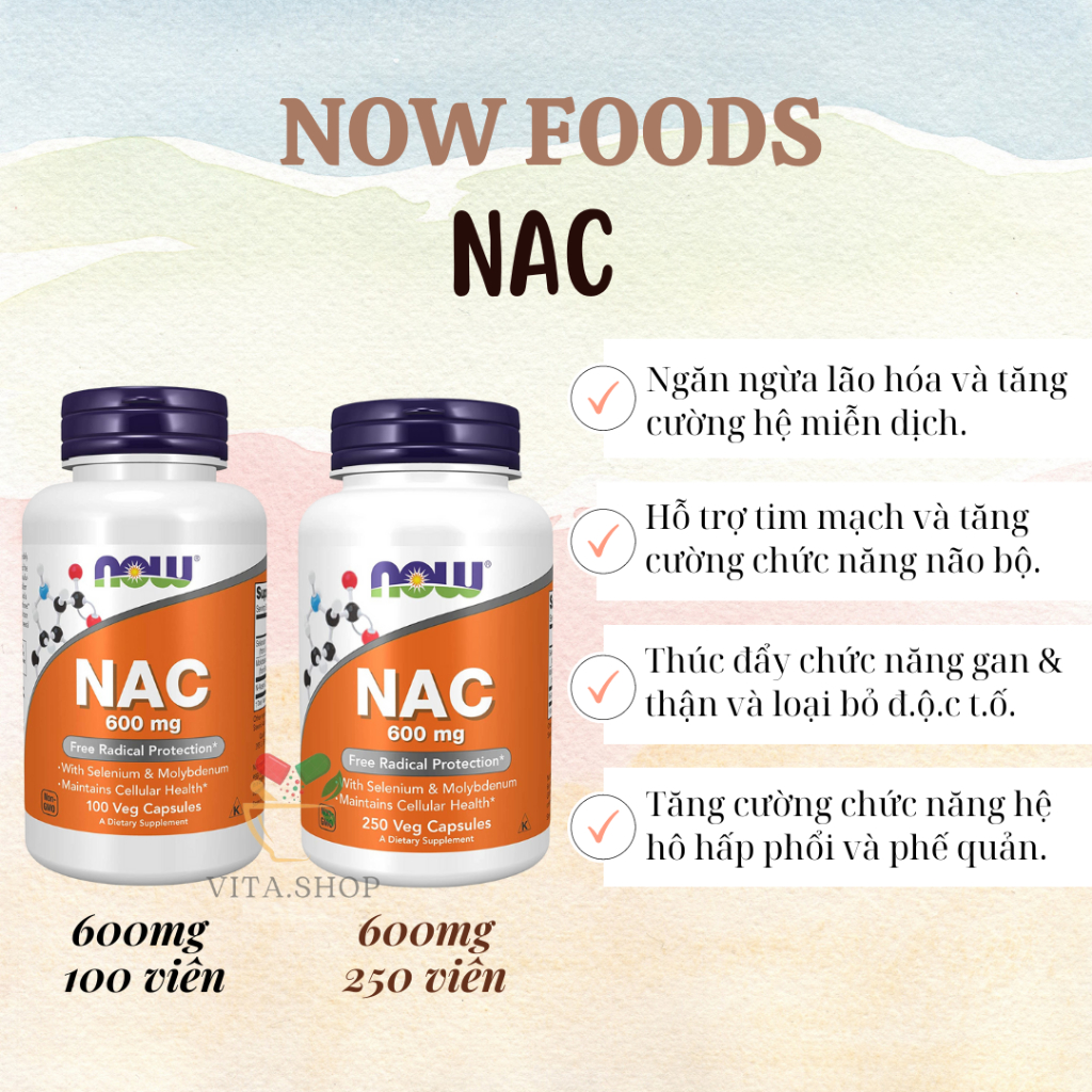 NAC Now Foods N-Acetyl Cysteine 600mg - Viên uống giải độc gan 100v