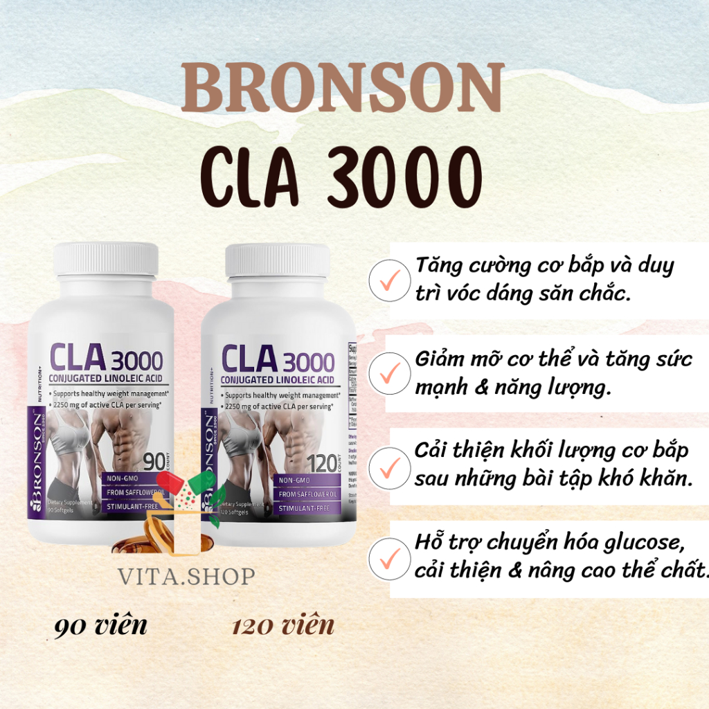 Bronson CLA 3000 Conjugated Linoleic Acid 2250mg - Viên uống giảm cân tự nhiên và tăng cơ bắp 120v