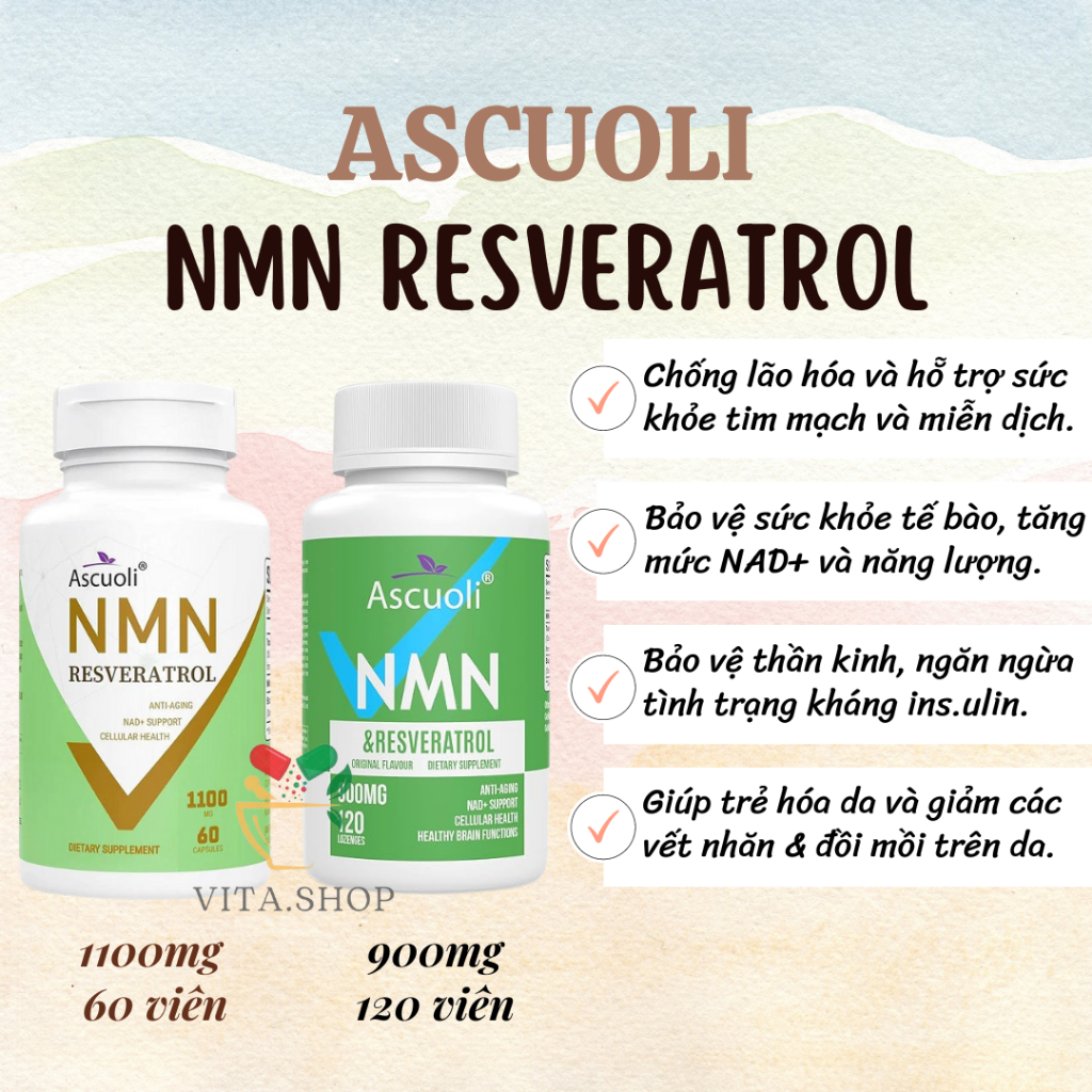 Ascuoli Viên NMN 500mg, Bổ sung Resveratrol 1100mg, Tăng cường NAD+, Chống lão hóa, tăng miễn dịch