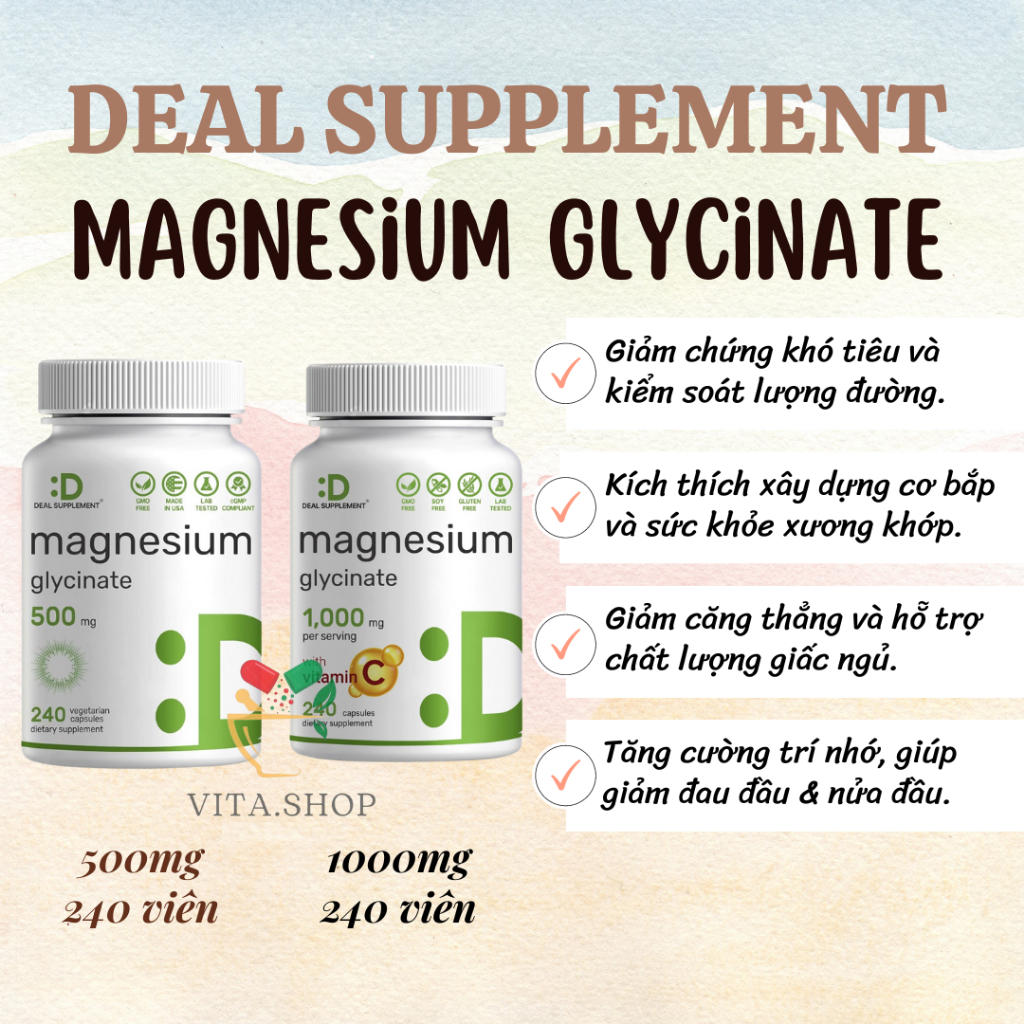 Deal Supplement Magnesium Glycinate 1000mg Với Vitamin C - Viên uống bổ sung Magie hỗ trợ cơ bắp