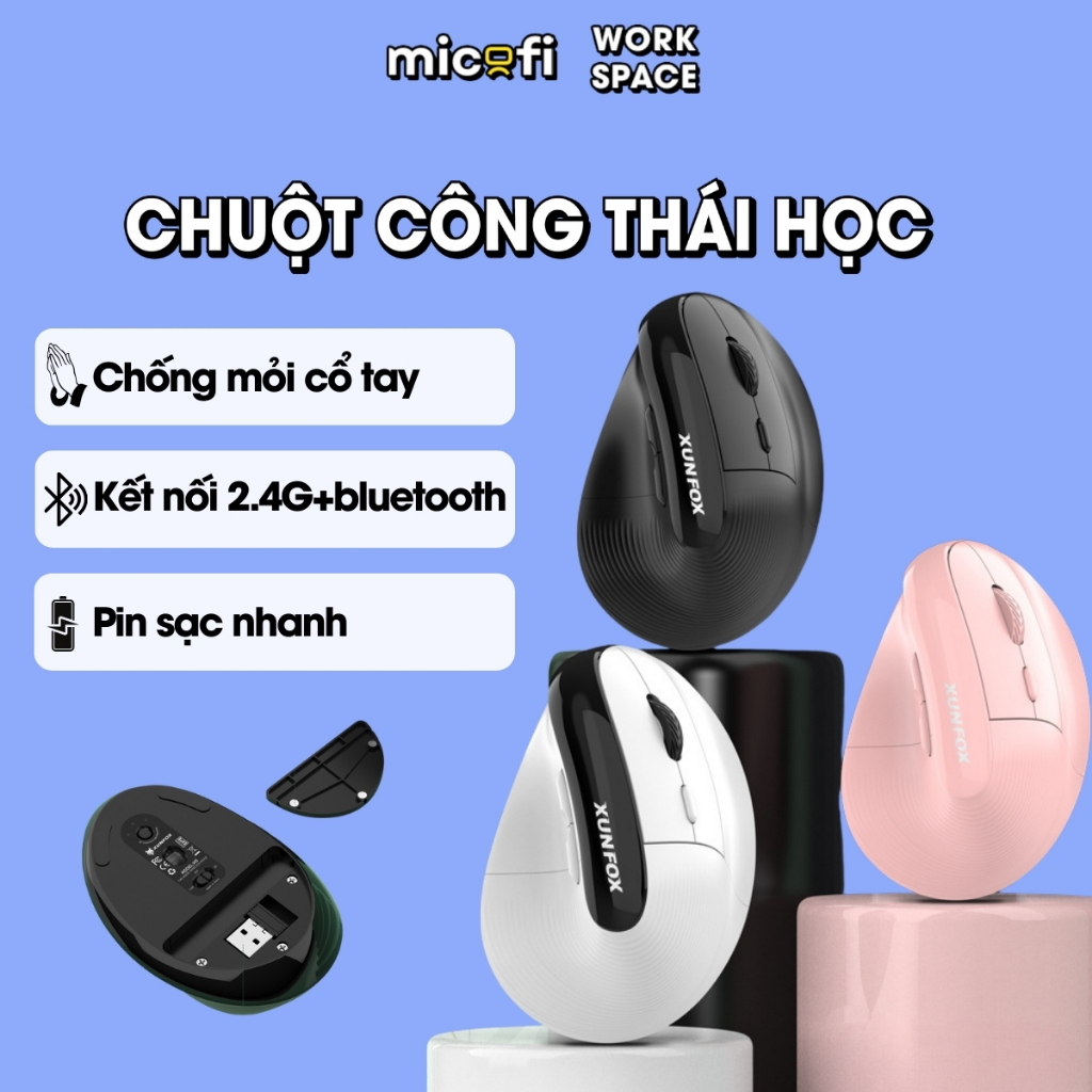 Chuột Công Thái Học Micofi, Chuột Không Dây Laptop, Mouse Silent Bluetooth 4000DPI Type-C Pin Trâu Chống Mỏi Cổ