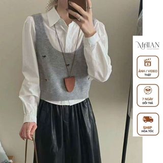  Set áo gile len dáng croptop thêu nơ nhỏ kèm áo sơ mi A5063 mặc thu đông phối cùng chân váy phong cách tiểu thư Maian 