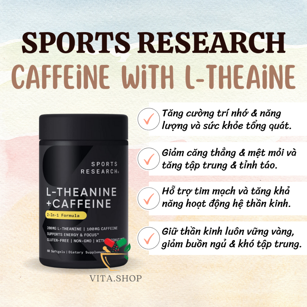 Sports Research L-Theanine 200mg & Caffeine 100mg - Viên uống giảm căng thẳng, giúp tập trung 60v SR