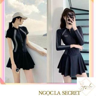 Bikini đồ bơi Nữ bộ liền giả váy tay dài/ tay cọc ôm body có đệm ngực kín dáng thể thao năng động BKN939