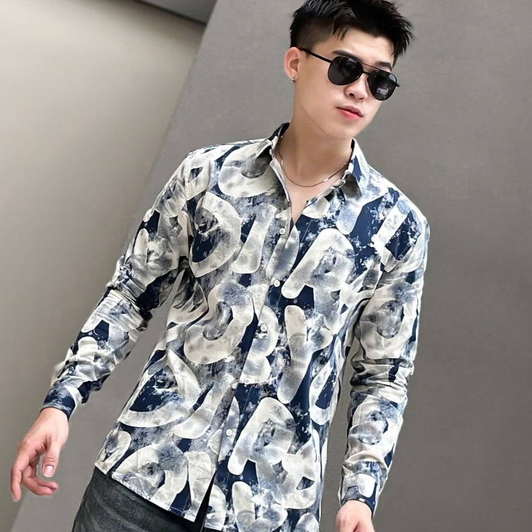 Áo Sơ Mi Nam Tay Dài Hoạ Tiết Phối Chữ TT Store, Sơ Mi Lụa Dày Mịn Đẹp 7TC4674