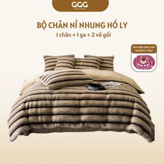 Bộ chăn ga nỉ nhung Luxyry Hồ Lii Vân Kẻ Sọc Sang Chảnh, Hiện Đại Ấm Áp Mùa Đông (Set 4 Món