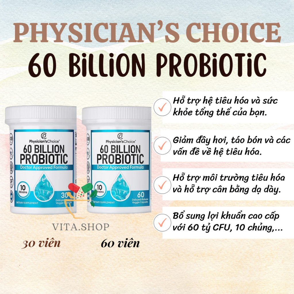 Physician's Choice 60 Billion Probiotic Viên uống lợi khuẩn Probiotics hỗ trợ tiêu hoá & đường ruột
