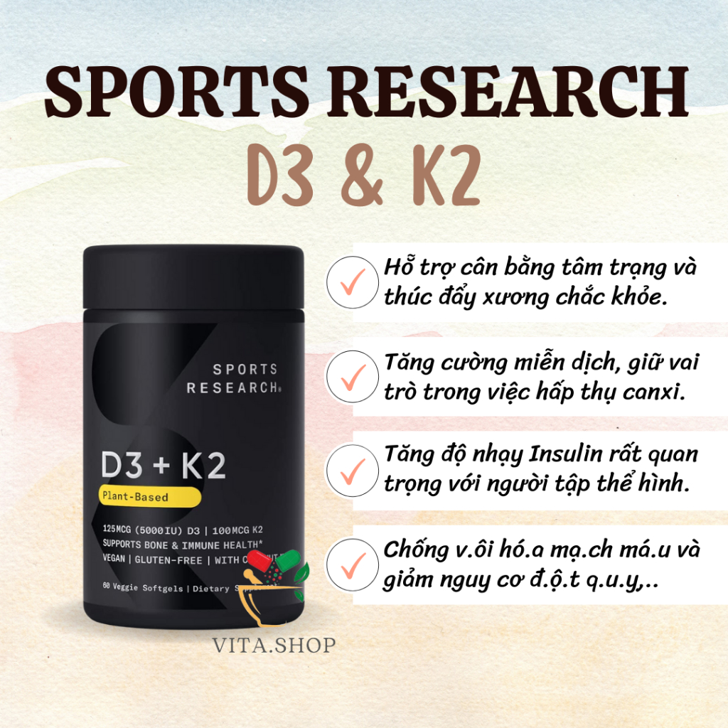 SR Viên bổ sung vitamin D3 K2 hỗ trợ xương khớp, Sports Research d3 5000IU + k2 100mcg 60 viên