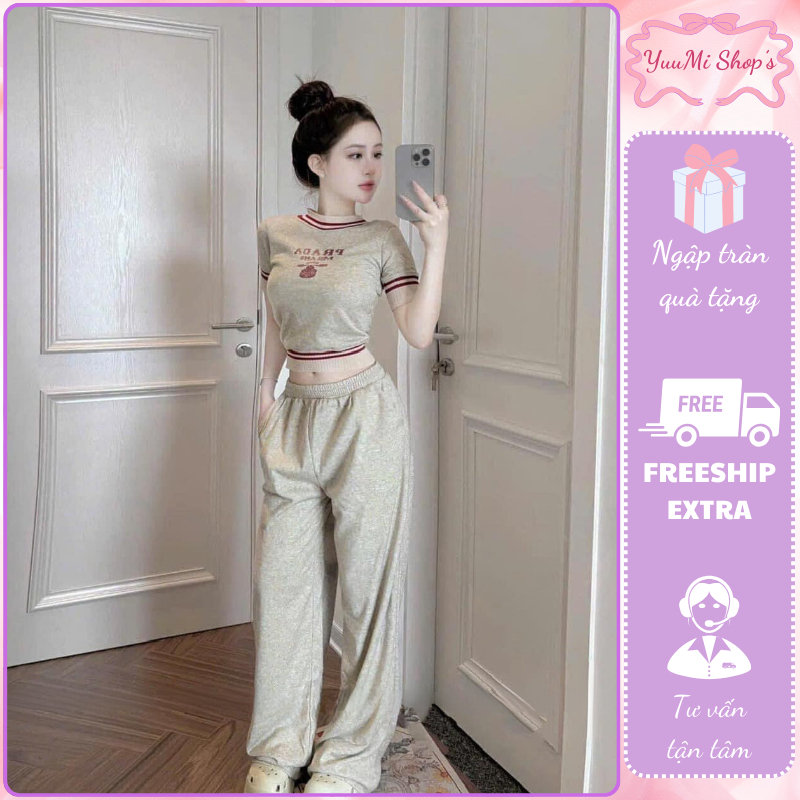 Set đồ nữ, đồ bộ nữ áo len cổ tròn cộc tay viền bo sọc đỏ in chữ ngực phối quần dài suông ống rộng HCOM3298 YuuMi Style