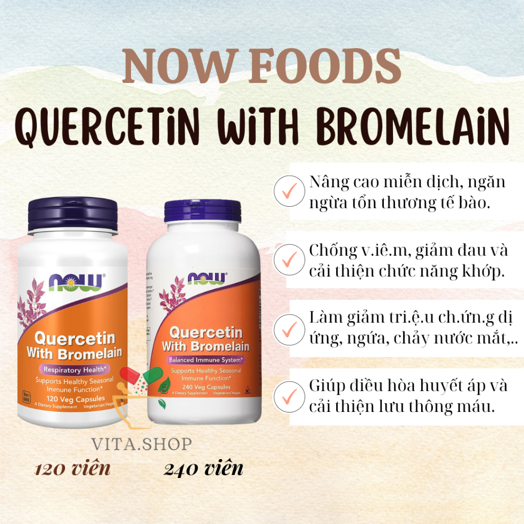 Now Foods Quercetin with Bromelain - Viên uống cân bằng miễn dịch, tăng đề kháng 120 viên