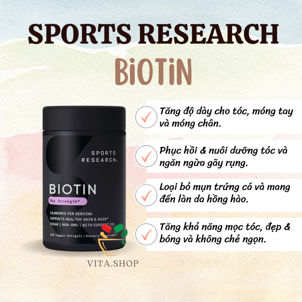 Sports Research Biotin 10000mcg Viên Uống Cải Thiện Rụng Tóc, Kích Thích Mọc Tóc 120 viên