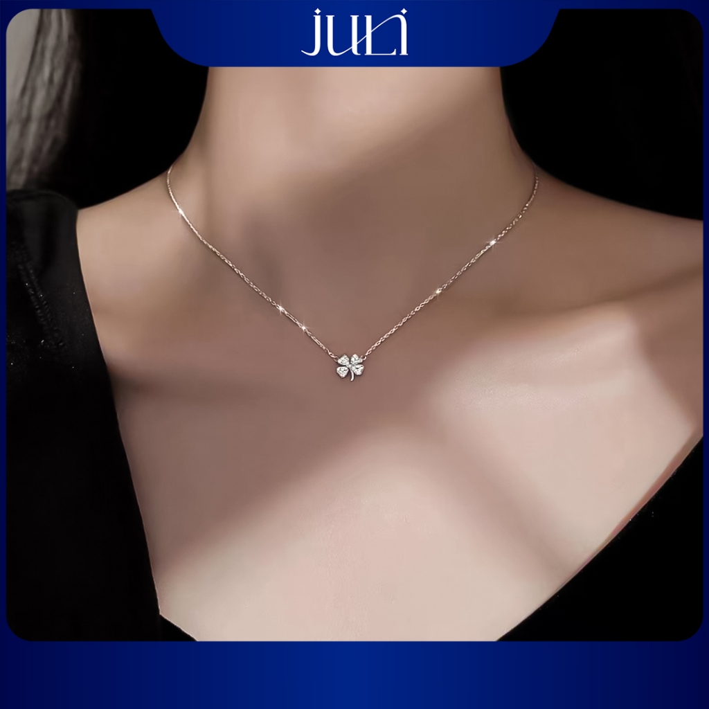 Vòng cổ bạc Nữ cỏ 4 lá đính Kim Cương sáng lấp lánh-dây bằng Bạc Ý nguyên chất trắng sáng| VC40 JULI