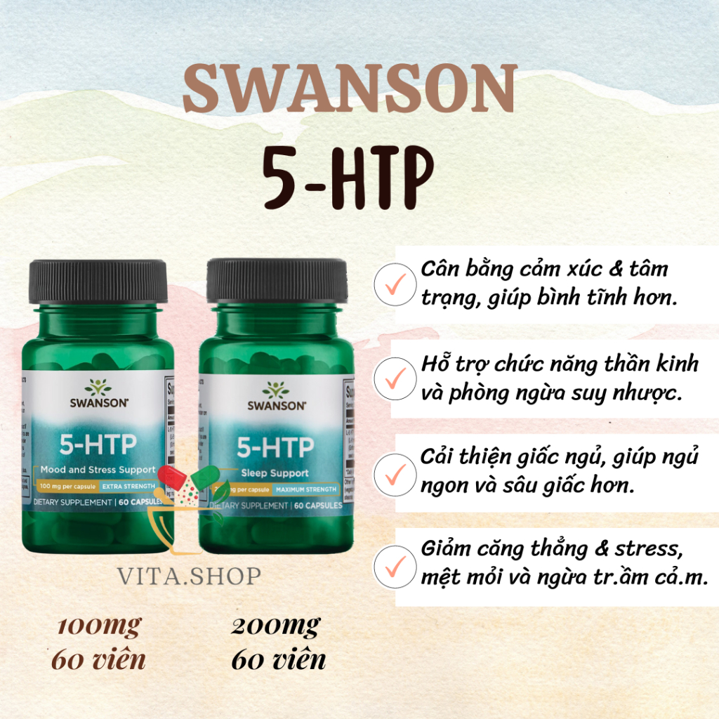 Swanson 5-HTP 100mg Extra Strength - Viên uống 5 HTP hỗ trợ giảm căng thẳng, ngủ ngon 60 viên