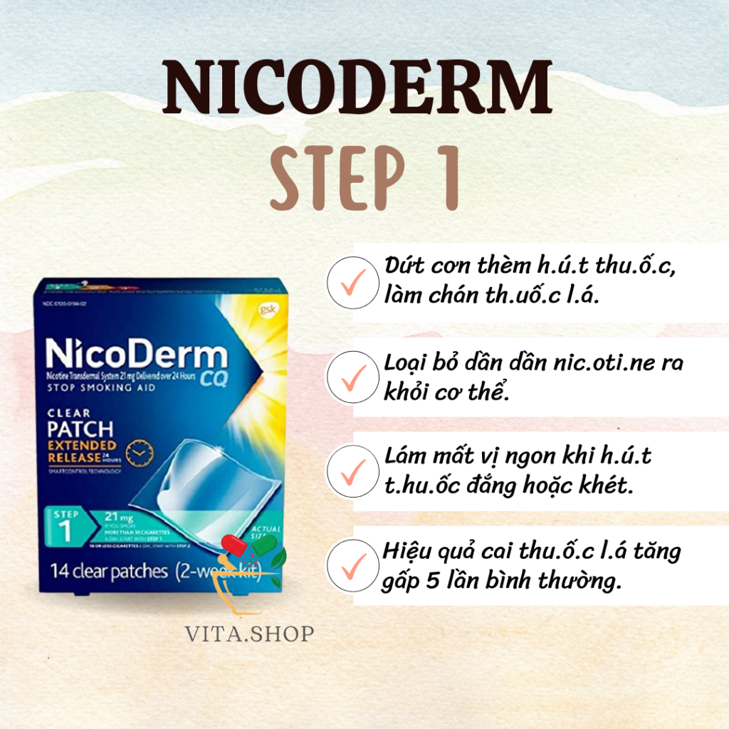 Miếng dán cai thuốc Nicoderm Step 1 21mg hộp 14 miếng Chính Hãng Mỹ