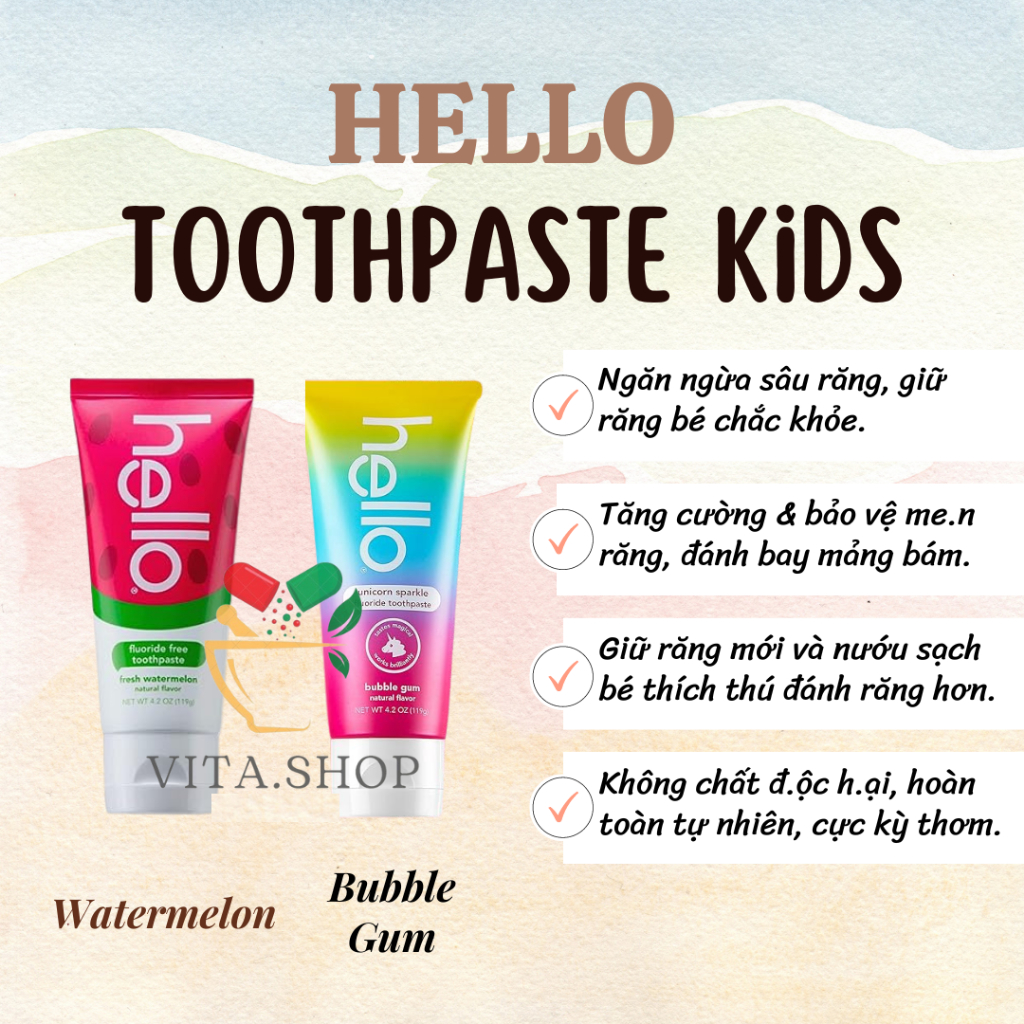 Hello Toothpaste Kids All Ages - Kem đánh răng hữu cơ vị dưa hấu cho bé nuốt được 119g