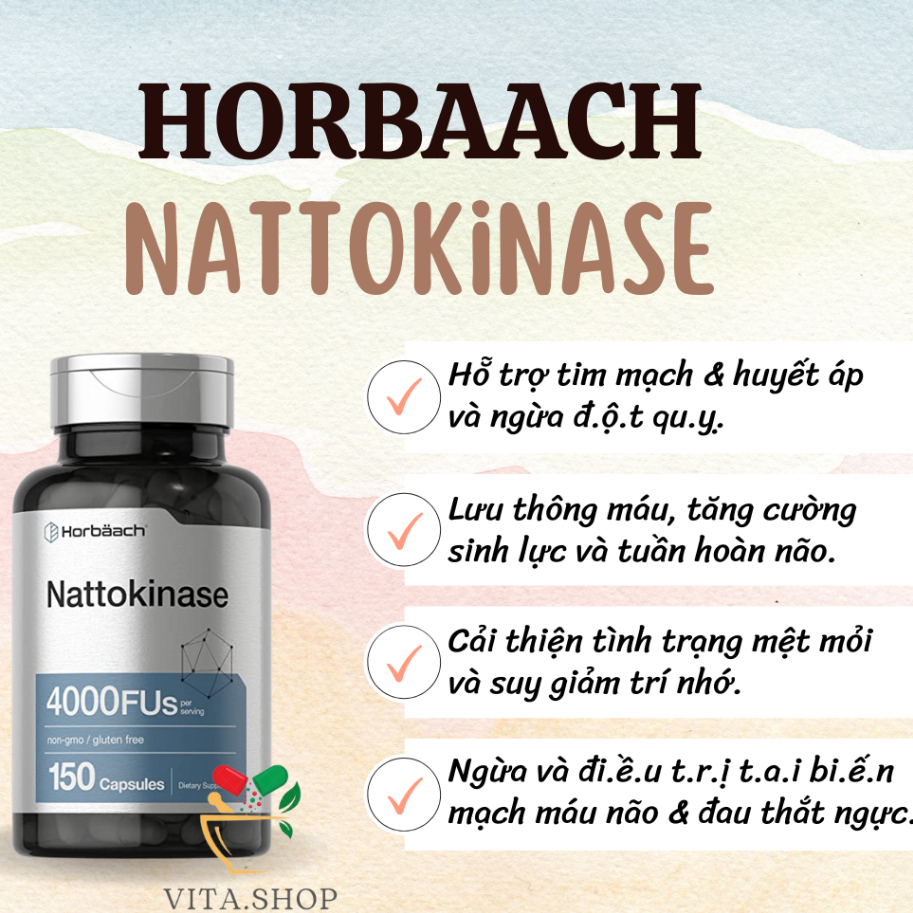 Horbaach Nattokinase 4000 FUs - Viên uống hỗ trợ sức khỏe tim mạch và tuần hoàn 150 viên
