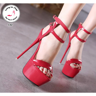 Giày cao gót 16cm quai mảnh da bóng 2 quai cổ chân đen trắng đỏ ms c02