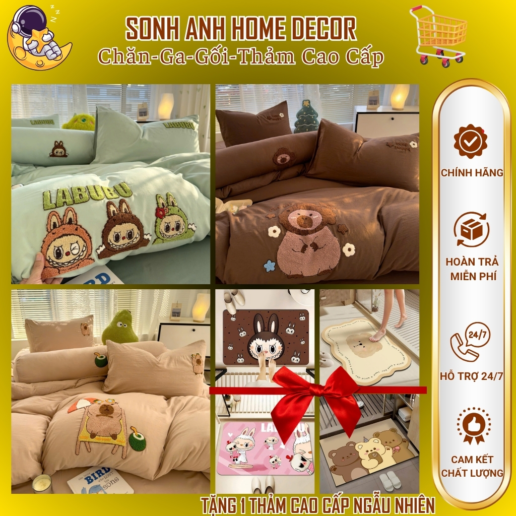 Bộ chăn ga cotton đũi Cappy, Korumi,Lalabu set vỏ 5 món chất cotton đũi thêu hoạt hình xinh xắn full size Song Anh Decor